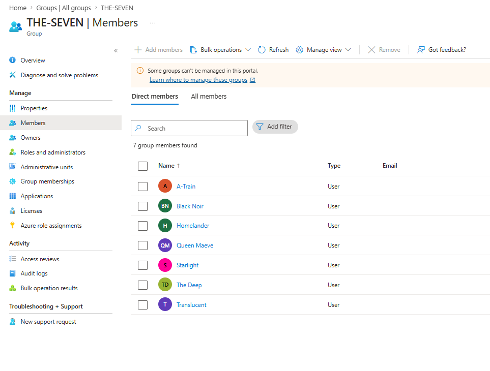 Azure Entra ID showing D7 group synced from local AD with members from The Boys listed